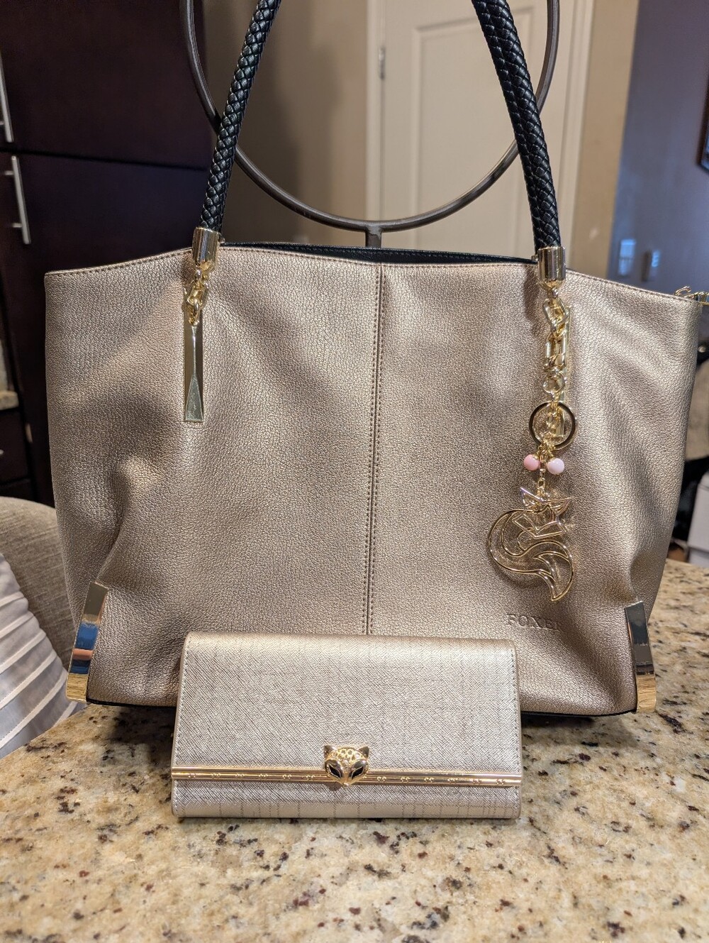 Foxer Gold Shimmer Tote Shoulder Bag & Wallet Gold Accents
